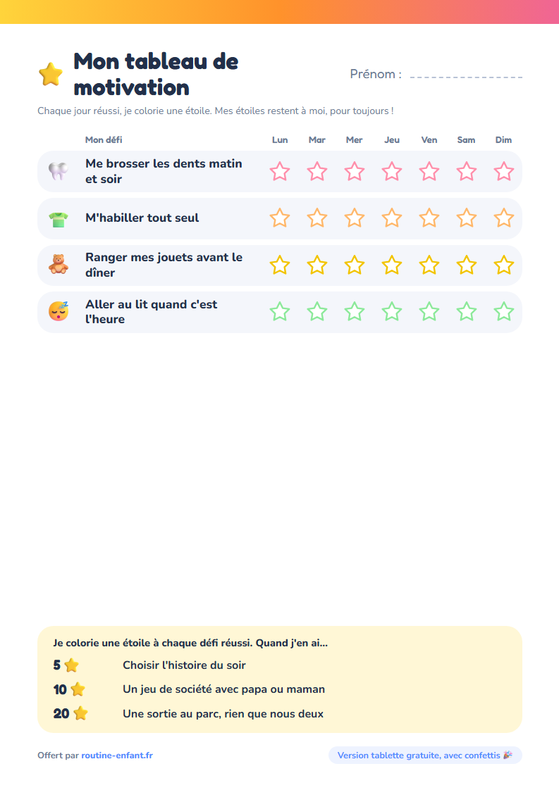 Aperçu : Tableau de motivation enfant à imprimer