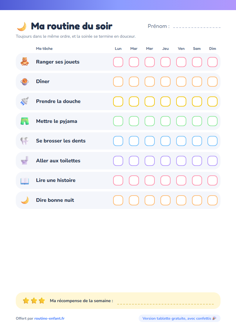 Aperçu : Tableau de routine du soir à imprimer