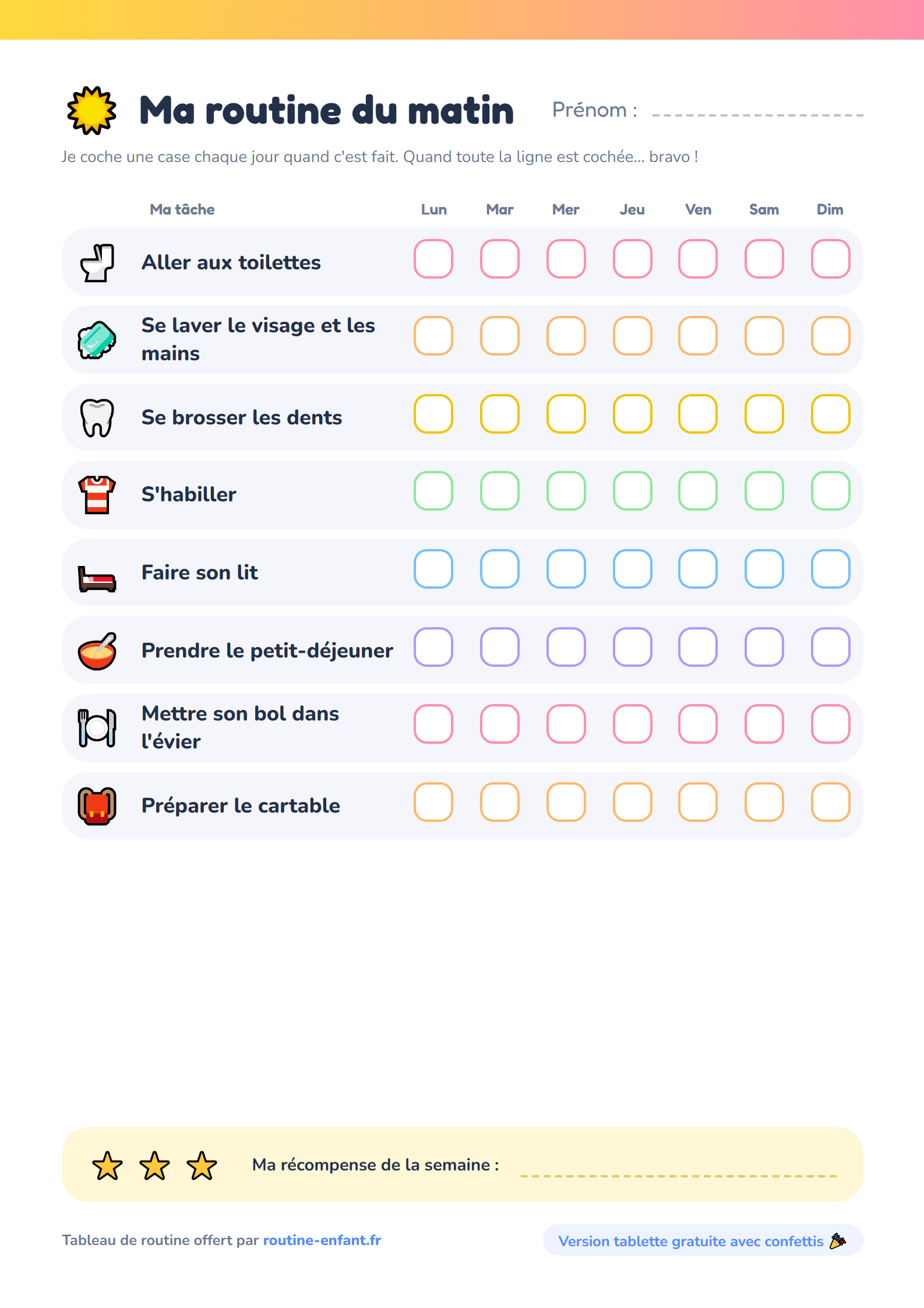 Aperçu du tableau de routine du matin à imprimer